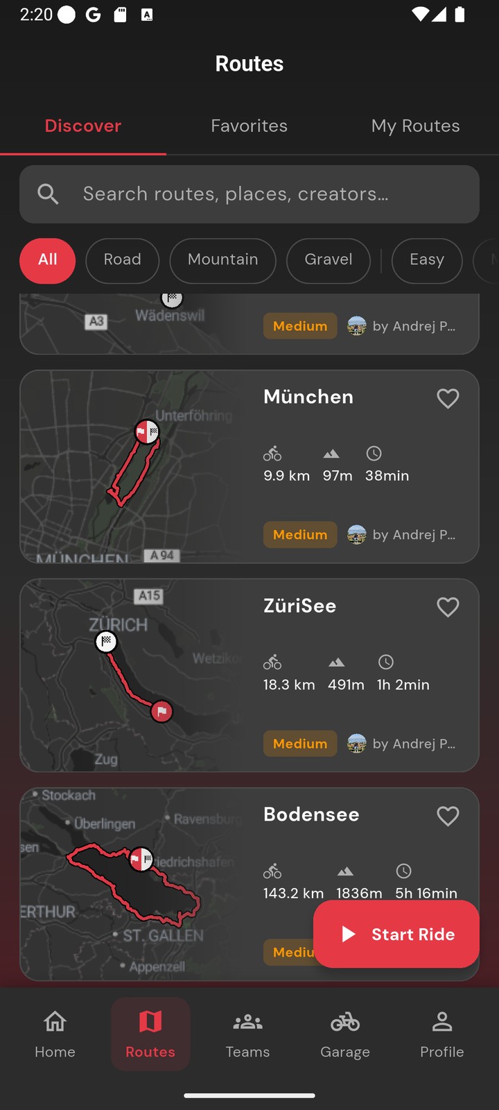 Route discovery screen with curated rides, preview maps, distance, elevation and difficulty filters